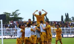 Pemain Bhayangkara Presisi Lampung FC Spas cetak gol
